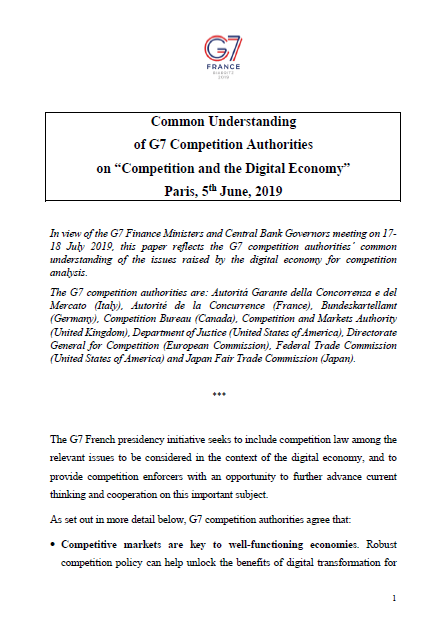 Common Understanding of G7 Competition Authorities on “Competition and the Digital Economy”
